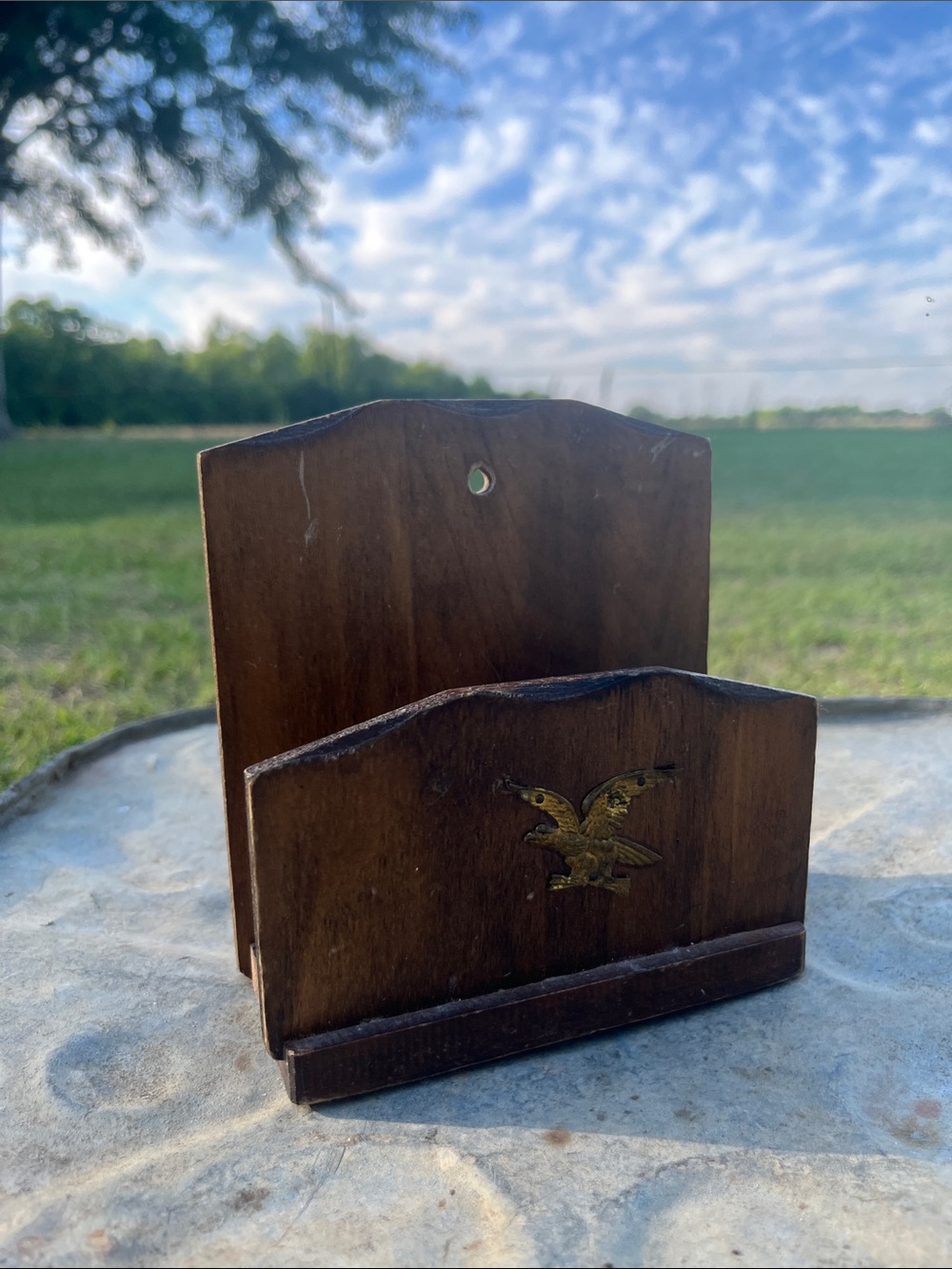 Vintage Wooden Letter Holder with Brass Eagle Accent - Dark Brown